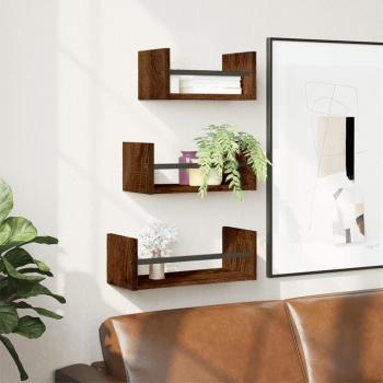 Estantes de pared con barras 3 piezas de madera ingeniería en colores Negro, Roble Sonoma y Roble ahumado, mueble de almacenamiento para oficina, estudio y dormitorio, estantería/librería/mueble de almacenamiento