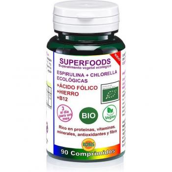 Espirulina y Chlorella BIO 90 comprimidos con Vitamina B12, Ácido Fólico e Hierro Robis