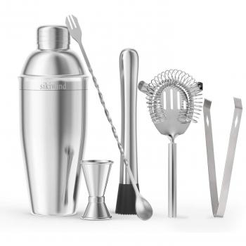 sikiwind Coctelera Set de 7 Piezas de Acero Inoxidable Camareros Coctelera de 25 Oz Martini con Jigger de Medición, Cuchara de Mezcla, Bebida Muddle, Coladores y Pinzas de Hielo + Receta de Bebidas