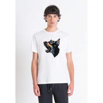 Camiseta Regular Fit de Jersey de Algodón Blanco con Estampado Gráfico de Dóberman para Hombre - Talla L