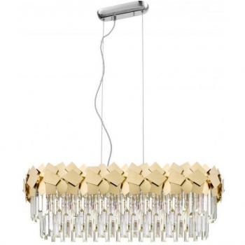 Lámpara colgante Celine 6 bombillas oro con barra oblonga de 6 luces de cristal cortado con láser dorado