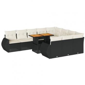 11-Piece Black Poly Rattan Garden Sofa Set with Cushions
