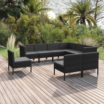 9-Piece Black Poly Rattan Garden Lounge Set with Cushions