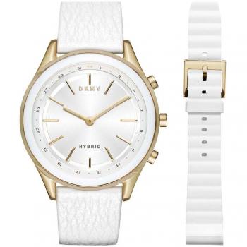 DKNY Women's 'Woodhaven Hybrid' Quartz Stainless Steel and Leather Smart Watch, Color:White
