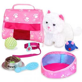 Sophia's 18 Doll White Plush Kitty Cat and Accessories Playset with Carrier - 10 Piece Set