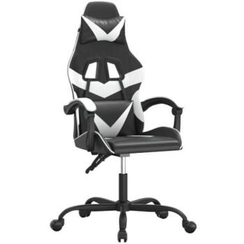 Silla gaming cuero sintético negro y blanco con reposabrazos, ruedas giratorias, altura ajustable, diseño profesional para estudio, oficina y casa