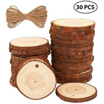 Rodajas de Madera Círculos 6-7 cm 30 pcs Fuyit Discos de Madera Rebanada 10m Cuerda de Cáñamo Maderas Naturales Perforado Con Corteza de Árbol Para Manualidades