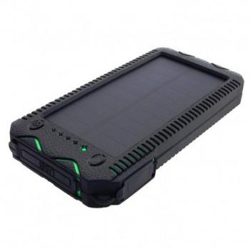 Power Bank Solar 12000mAh LiPo con Linterna LED y Encendedor, Negro-Verde