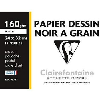 Clairefontaine 96771C - Pochette Dessin Scolaire - 12 Feuilles Papier Dessin à Grain Noir - 24x32 cm 160g - Idéal pour les Arts Plastiques