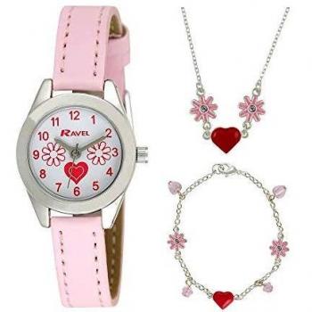 Ravel - Reloj Infantil Little Gems de Corazones y Flores y Juego de Joyas Plateadas