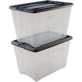 Juego de 2 Cajas de Almacenamiento Apilables de Plástico con Tapa y Clips de Cierre, 60L, Color Plata, Duraderas para Organización en Casa y Oficina