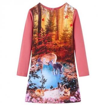 Vestido Infantil de Manga Larga Rosa con Escote Redondo y Cremallera, Estampado de Ciervos, Talla 104