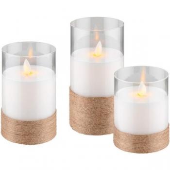 Juego de 3 Velas LED de Cera Real en Vidrio, Blancas con Temporizador
