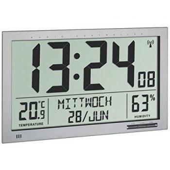 TFA Dostmann Reloj de Pared XXL, 60.4517.54, con Temperatura y Humedad, Pantalla Grande, fácil de Leer, Color Plateado