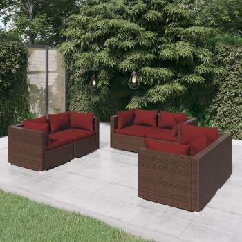 6-Piece Brown Poly Rattan Garden Lounge Set with Cushions