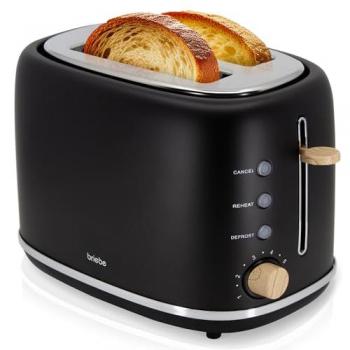 Tostadora Briebe Nordic TA1166BLK 2 Rebanadas Ranura Ancha 870W, 6 Niveles Tostado, Calientapanecillos, Funciones Cancelar y Descongelar, Negro