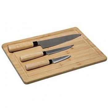 Set de Cocina con Tabla de Cortar de Bambú y 3 Cuchillos de Acero Inoxidable