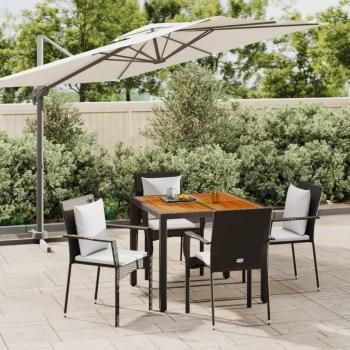 5-Piece Black Poly Rattan Garden Dining Set with Cushions