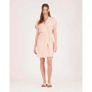 Vestido Corto Beige Ajustado con Botones y Manga Corta de Naf Naf