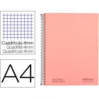 Cuaderno espiral Navigator A4 tapa dura 80h 80gr cuadro 4mm con margen coral