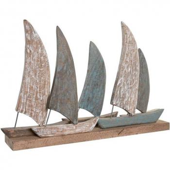Figura Decorativa Veleros Mediterráneo en Metal y Madera de Mango - Diseño DKD Home Decor (71 x 14 x 46 cm)