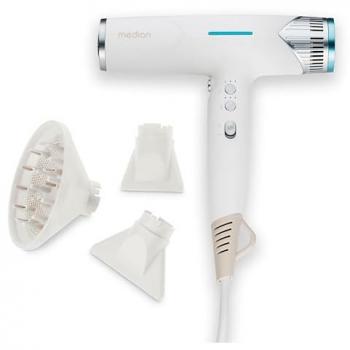 Secador de pelo iónico MEDION HD2 1500W con función de autolimpieza, 3 temperaturas y 3 niveles de flujo de aire, color blanco