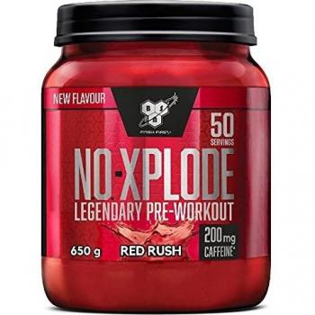 BSN N.O.-Xplode Pre-workout Powder, Suplemento Deportivo con Cafeína, Aminoácidos, Vitamina C y Zinc, Red Rush, 50 Porciones, 650 g, Embalaje Puede Variar