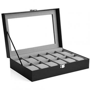 Caja de Relojes Elegante y Funcional con Tapa de Vidrio, Capacidad para 12 Relojes, Colores Disponibles: Negro, Gris o Beige