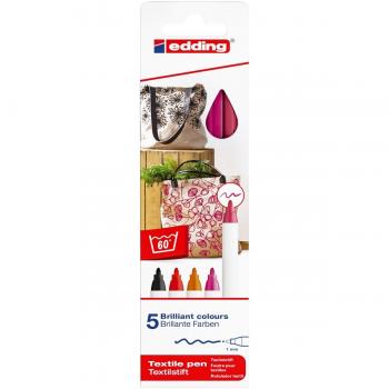 edding 4600 rotulador textil, negro, rojo, naranja, rosa, carmín, juego de 5, punta redonda de 1 mm, rotuladores textiles permanentes, resistentes a lavados de hasta 60 °C