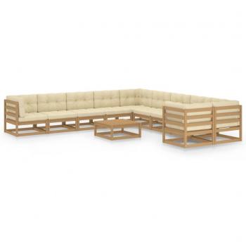 Set de muebles de jardín 11 piezas con cojines en madera de pino color marrón miel