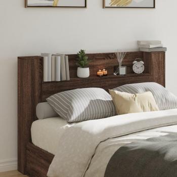 Cabecero de cama con contenedor y luz LED en color roble marrón, dimensiones 160x16,5x103,5 cm