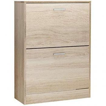 Zapatero con doble compartimento capacidad de 10-12 pares, 2 puertas abatibles, estilo roble elegante, dimensiones 60x24x83,5 cm