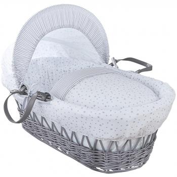 Clair de Lune. Moisés de mimbre color gris con estrellas y rayas Ropa de cama, colchón y capucha ajustable