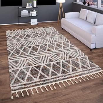 Alfombra de Salón Pelo Largo Boho Chic Moderna Geométrica con Flecos 120x160 cm, Multicolor 3
