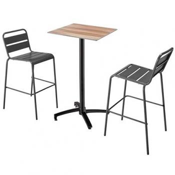 Conjunto de mesa alta inclinable de roble oscuro y 2 sillas altas grises