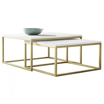 Conjunto mesa de centro angular Oswego 102, blanco y dorado, aglomerado laminado, 76 x 76 x 39 cm