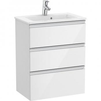 Mueble de baño compacto Roca The Gap con 3 cajones y lavabo, color blanco brillo, medidas 605 x 380 x 759 mm