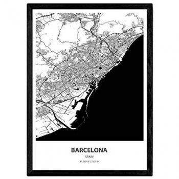 Póster Mapa de Barcelona - España, Lámina en Color Negro con Mares y Ríos, Tamaño A4 sin Marco