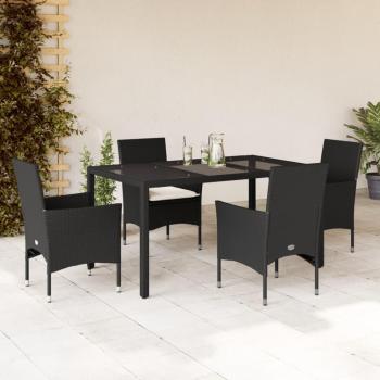 Set de almuerzo de jardín 5 Pcs Polyrattan y vidrio con almohadas, color negro