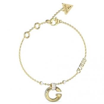 Pulsera Oh My G de Guess con Charm de Cristal y Logo en Acero Inoxidable Dorado para Dama