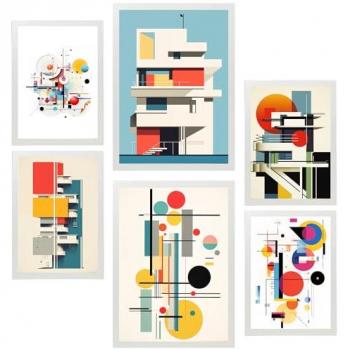 Set de 6 Pósters Bauhaus Arquitectura Deconstruida para Decorar Paredes - Ilustraciones de Diseño en Tamaños A3 y A4 Sin Marco