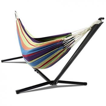 Hamac de exterior con soporte metálico y tela rayada multicolor - 200 x 152 cm