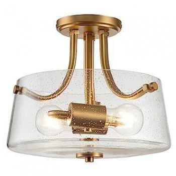 Lámpara de Techo Semiempotrable Quoizel Hollister con Bowl en Latón Cepillado y Cristal Semitransparente, 2 Luces E27