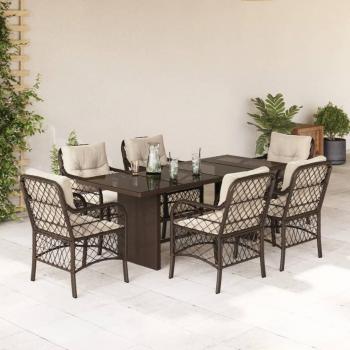 7-Piece Brown Poly Rattan Garden Dining Set with Cushions