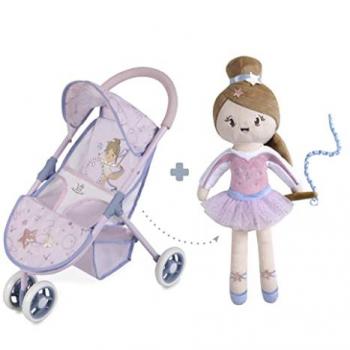 Carrito para Muñecas Decuevas Gala con dimensiones de 33 x 48 x 55 cm, color lila, apto para muñecas de hasta 50 cm y incluye una silla de muñeca con muñeca de cuerpo bl