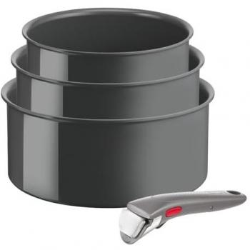Set de 3 Casseroles Tefal Ingenio Renew con Asas Desmontables, Inducción, Revestimiento Cerámico Antiadherente, Aluminio Reciclado, Gris Hippo