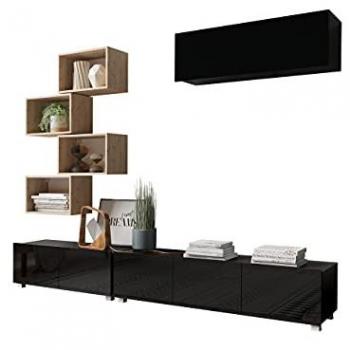 Conjunto de salón Providence B147, Aglomerado laminado, Negro y Roble Artisan, Con mesa de TV y partes separadas