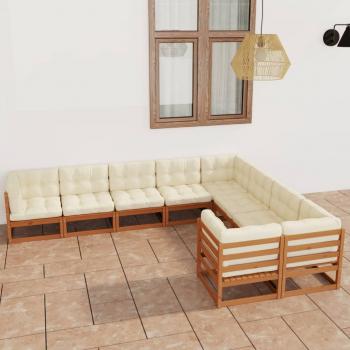 Set de muebles de jardín 9 piezas con cojines en madera de pino color marrón miel