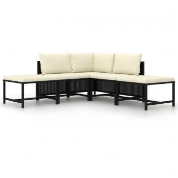 5-Piece Black Poly Rattan Garden Sofa Set with Cushions