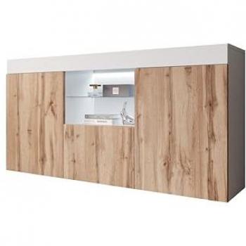 Aparador de salón modelo Sefora con LED, dimensiones 135x73x34cm, color blanco y pino atlántico mate, fabricado en melamina mate